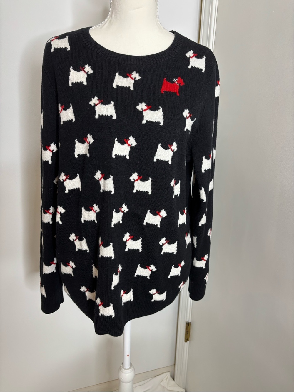 Charter Club Black Crewneck Sweater with White and Red Scotty Dog Motif